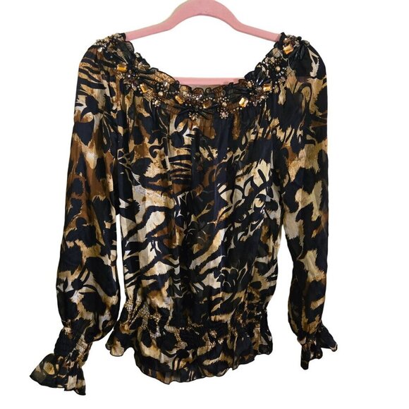 Cache Silk Animal Print Beaded Smocked Detail Balloon Sleeve Beaded Tie Size M - Picture 2 of 8